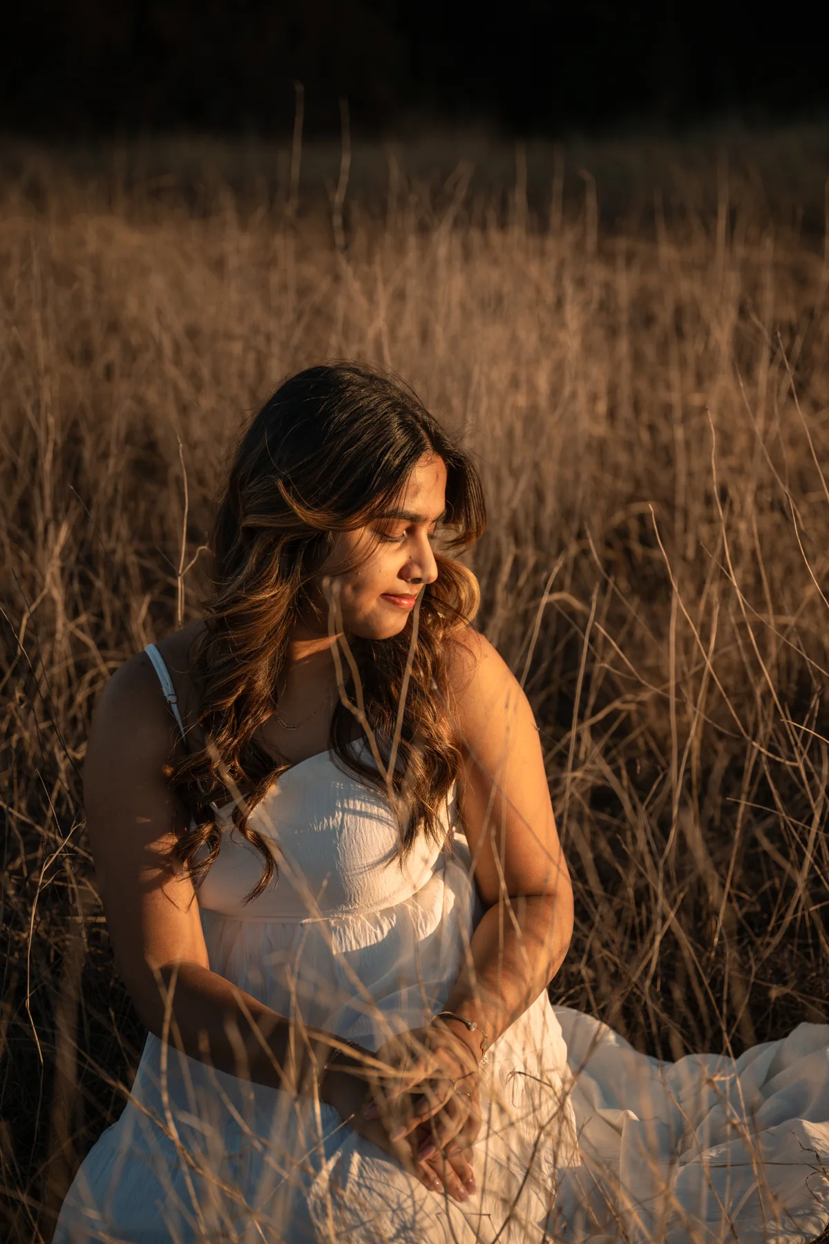 Portrait seated in a dry grass field in warm evening light