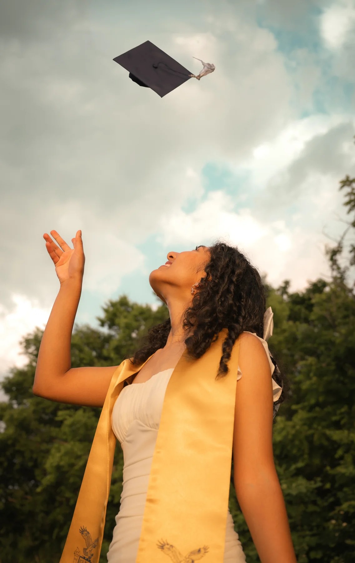 Graduate throwing a cap into a cloudy sky